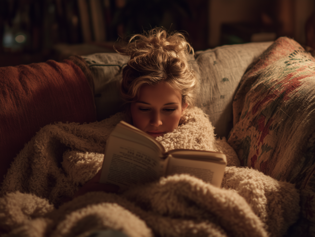 A woman curled up reading on a couch, soft lighting, cozy blanket the "I'm not putting this down" vibe
